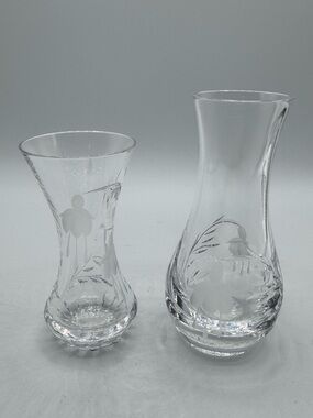 Vintage Stuart Lead Crystal Fuchsia Etched Set of 2 Bud Vase